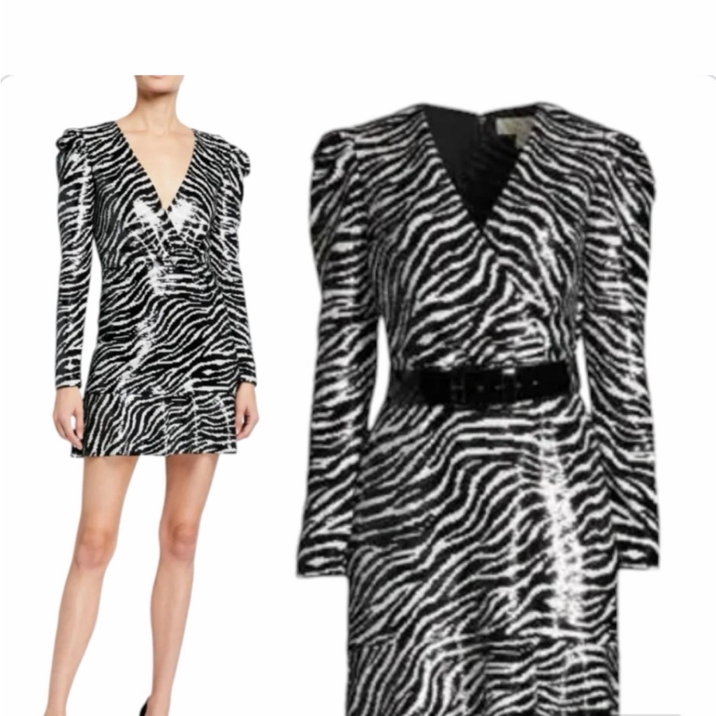 Michael Kors Black & White Zebra-Print V-Neck Mini Dress